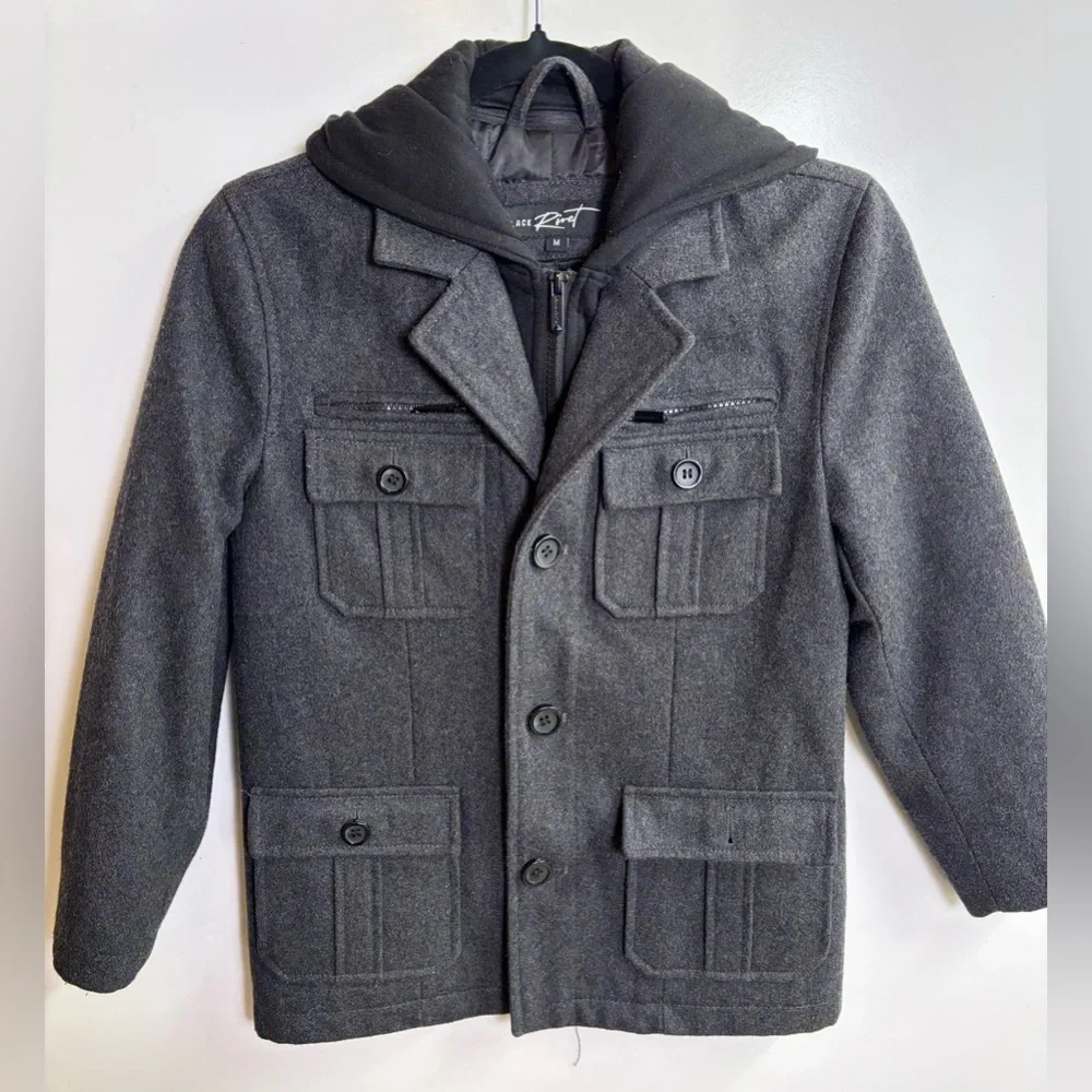 Black Rivet Men's Medium Wool Blend Military Field Jacket Charcoal Gray Hooded